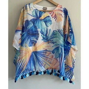 Chico's Shirt Kaftan Sheer Blue Yellow Tassels Size 2 Medium M 12